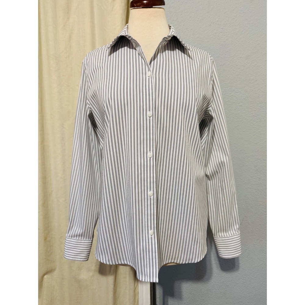 Liz Claiborne Cotton Blend Striped Shirt Size M Grey Button Down Long Sleeve